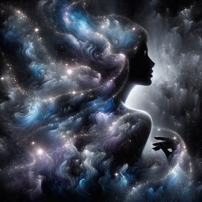 The primary subject of the image is a woman with long, flowing hair. She is the main focus of the scene, and her hair is the most prominent feature. The setting is a dark, starry sky, which serves as the backdrop for the woman. The visual style of the image is digital art, as it is a detailed and intricate representation of the woman's hair and the surrounding environment. The colors and mood of the image are predominantly dark and moody, with the starry sky and the woman'